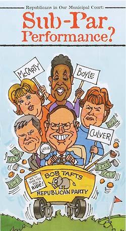 Judge denounces racist election cartoon depicting local incumbents riding in a golf cart with Gov. Bob Taft