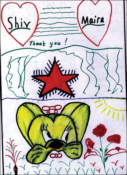 This is one of the thank-you drawings sent to Guli Maira by children in Turkmenistan who have used an education center set up with funds donated in memory of her son, Shiv Maira, a Peace Corps volunteer who died in 2000.